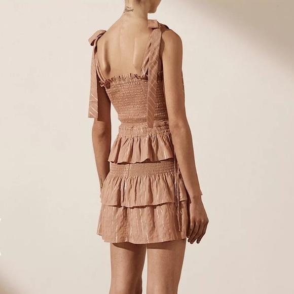 House of Harlow 1960 Dress Corinne Shirred Brown Ruffle Mini, Womens Size Large - Picture 11 of 12